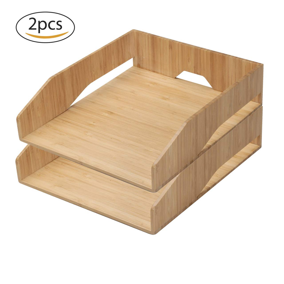 MobileVision 2 Pack Stackable Bamboo Paper Tray Office Organizer for Files, Documents, Letter