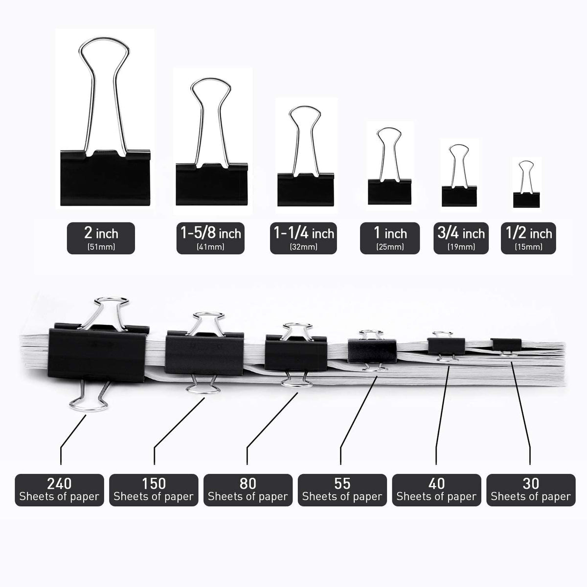 Medium Binder Clips, 144 Pack, 1-1/4 Inch, 1.25 Inch, Standard 32mm, Black, Capacity 0.6 Inch