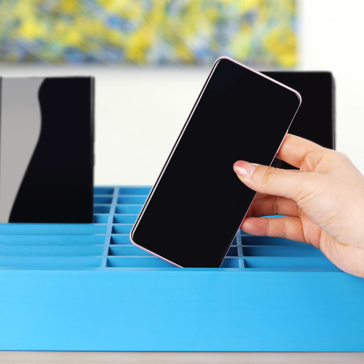 Ozzptuu 24-Grid Wooden Cell Phone Holder Desktop Organizer