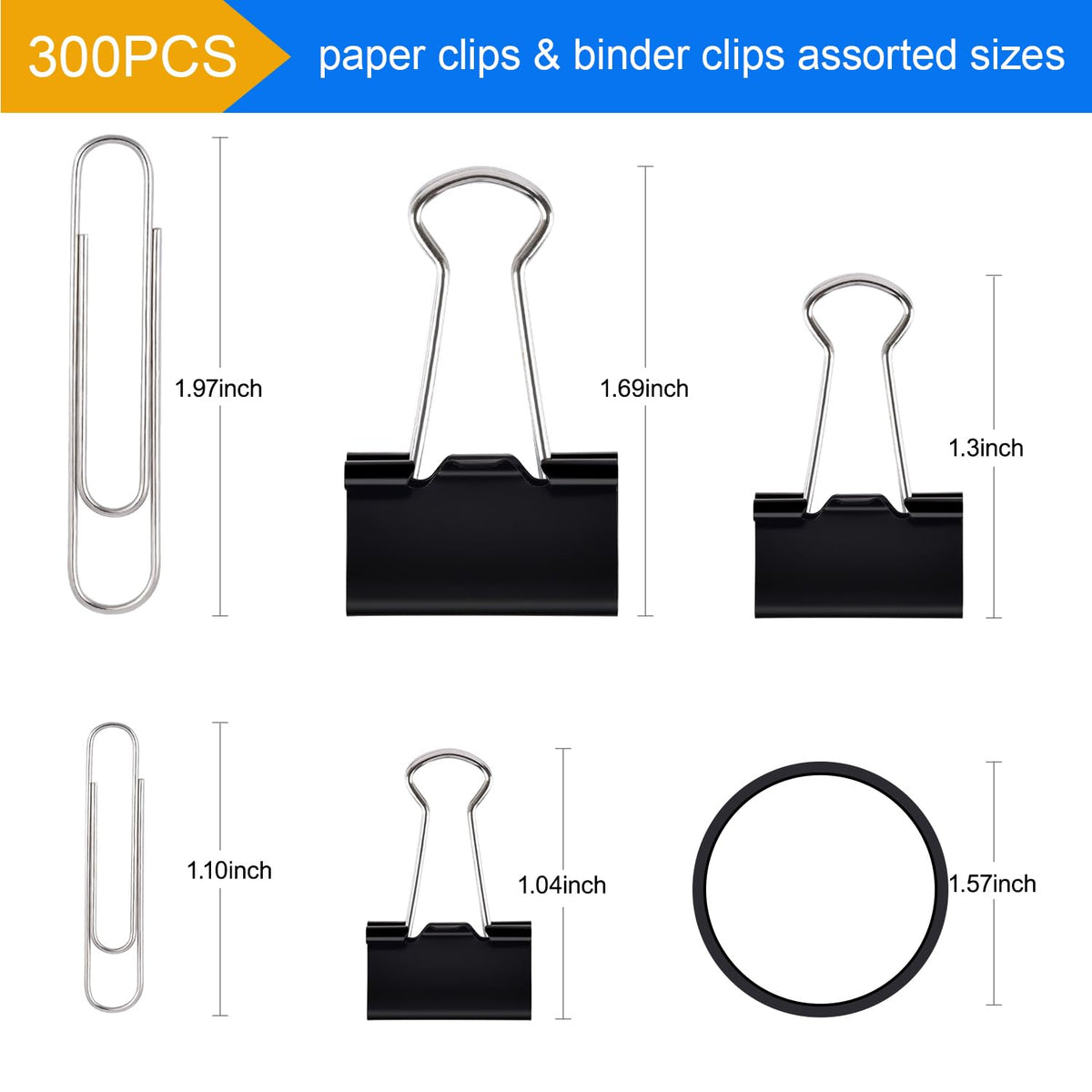 Sopito 300pcs Paper Clips, Binder Clips & Rubber Bands, Black