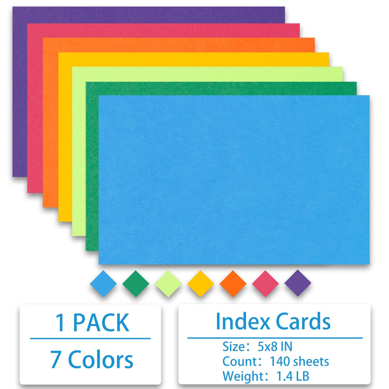 Index Cards 140-Count 5x8 Inch,178GSM Heavyweight Set of 7 Colors Paper Multicolor Study Cards