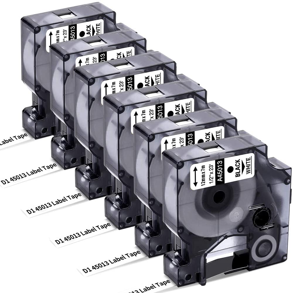 6-Pack Replace for DYMO D1 Label Tape 45013 Black on White 1/2 Inch x 23 Ft