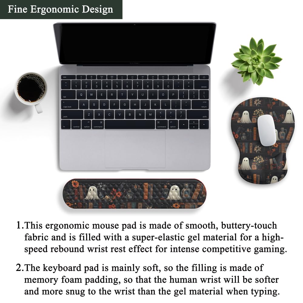 Ghost Book Mousepad with Wrist Rest Halloween Computer Keyboard Mouse Pad Black Cute, Mouse Pad