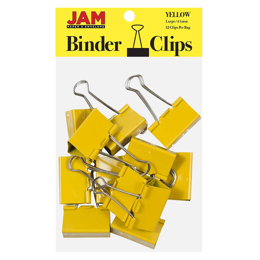 JAM PAPER Colorful Binder Clips - Large - 1 1/2 Inch (41 mm) - Yellow Binderclips - 12/Pack