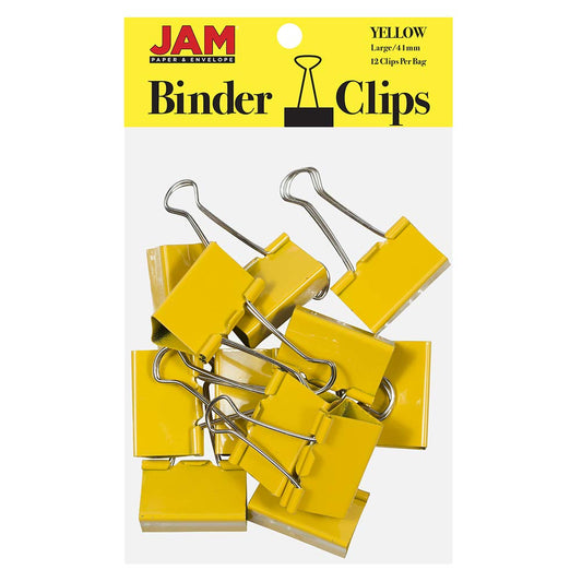 JAM PAPER Colorful Binder Clips - Large - 1 1/2 Inch (41 mm) - Yellow Binderclips - 12/Pack