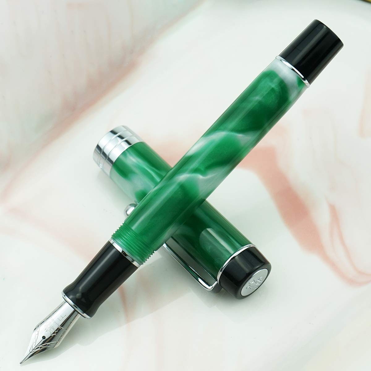 Jinhao 100 Classic Fountain Pen Green White Marble Celluloid, Medium Nib with Converter and Pen