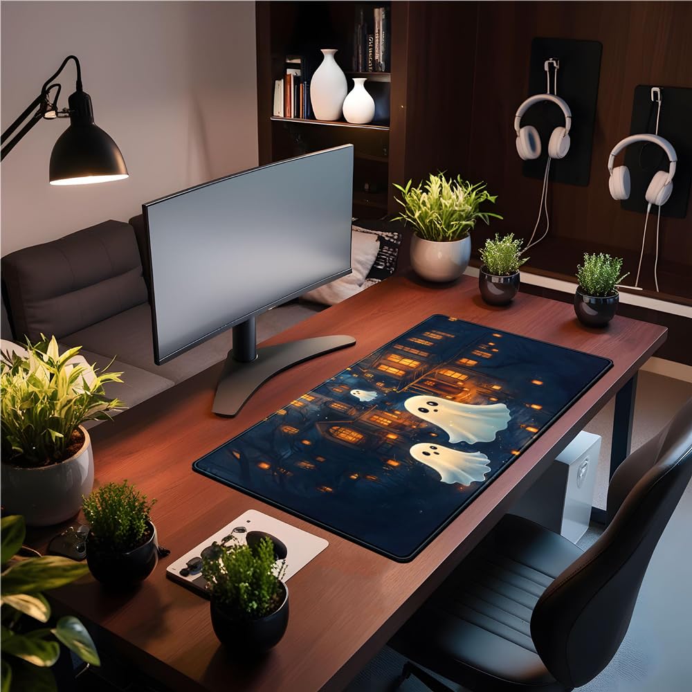 Cute Desk Mat Ghost Cartoon Mouse Pad Haunted House Style Desk Pad, Gaming Mouse Pad XXL Mouse