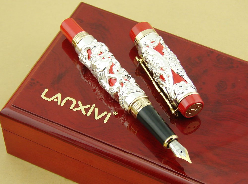Jinhao Dragon Phoenix 3D Embossment Silver Red Fountain Pen Fine Nib Chinese Ruyi Clip Wooden Gift