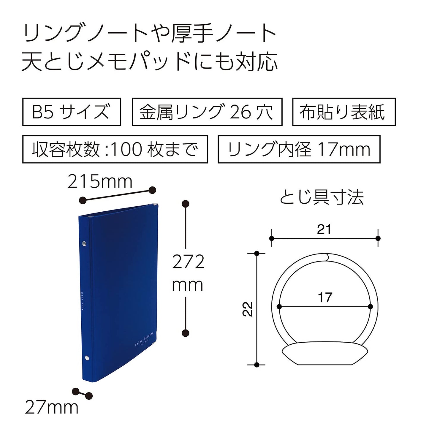 Kokuyo Color Palette Metal Round Ring Binder, B5-S, 26 Holes, Up to 100 Sheets, 5 Colorful Tab