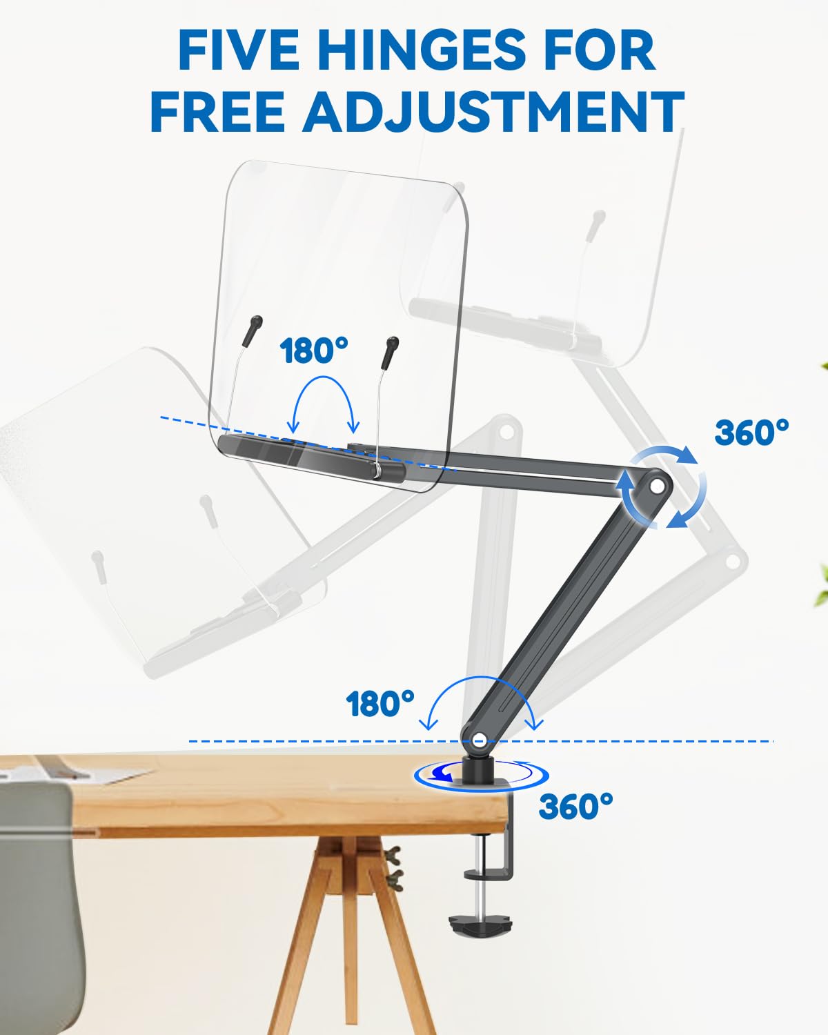 YCNEW Desk Clamp Acrylic Book Stand for Reading, Ergonomic Design Adjustable Height up to 20 inches
