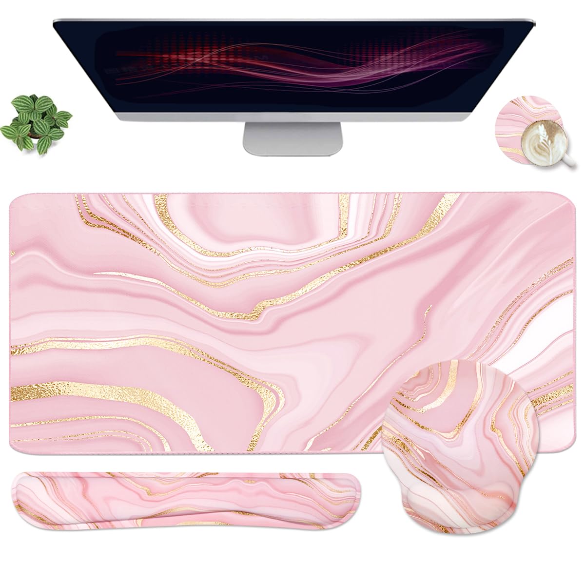 4-in-1 Gaming Mouse Pad Wrist Support Set，Desk Pad + Mouse Pad with Wrist Rest + Keyboard Wrist