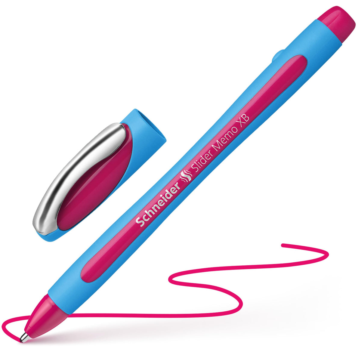 Schneider Slider Memo XB (Extra Broad) Ballpoint Pen, 1.4 mm, Light Blue Barrel, Pink Ink, Box of