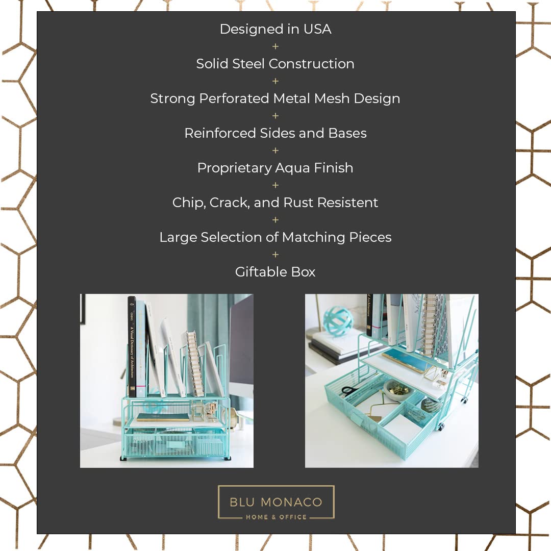 BLU MONACO Mint Green Desk Organizer With File Sorters and Drawer | Metal Mesh Desktop Storage for
