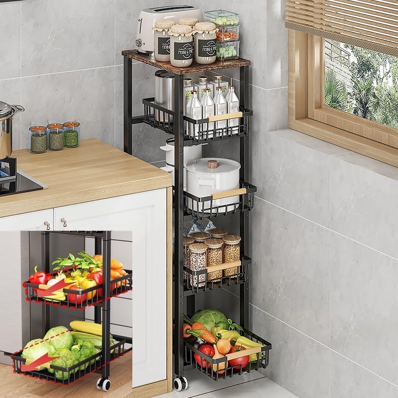 CarolynDesign Metal Wire Baskets with Wheels, Kitchen Storage Stackable Vegetable Fruit Cart Bins