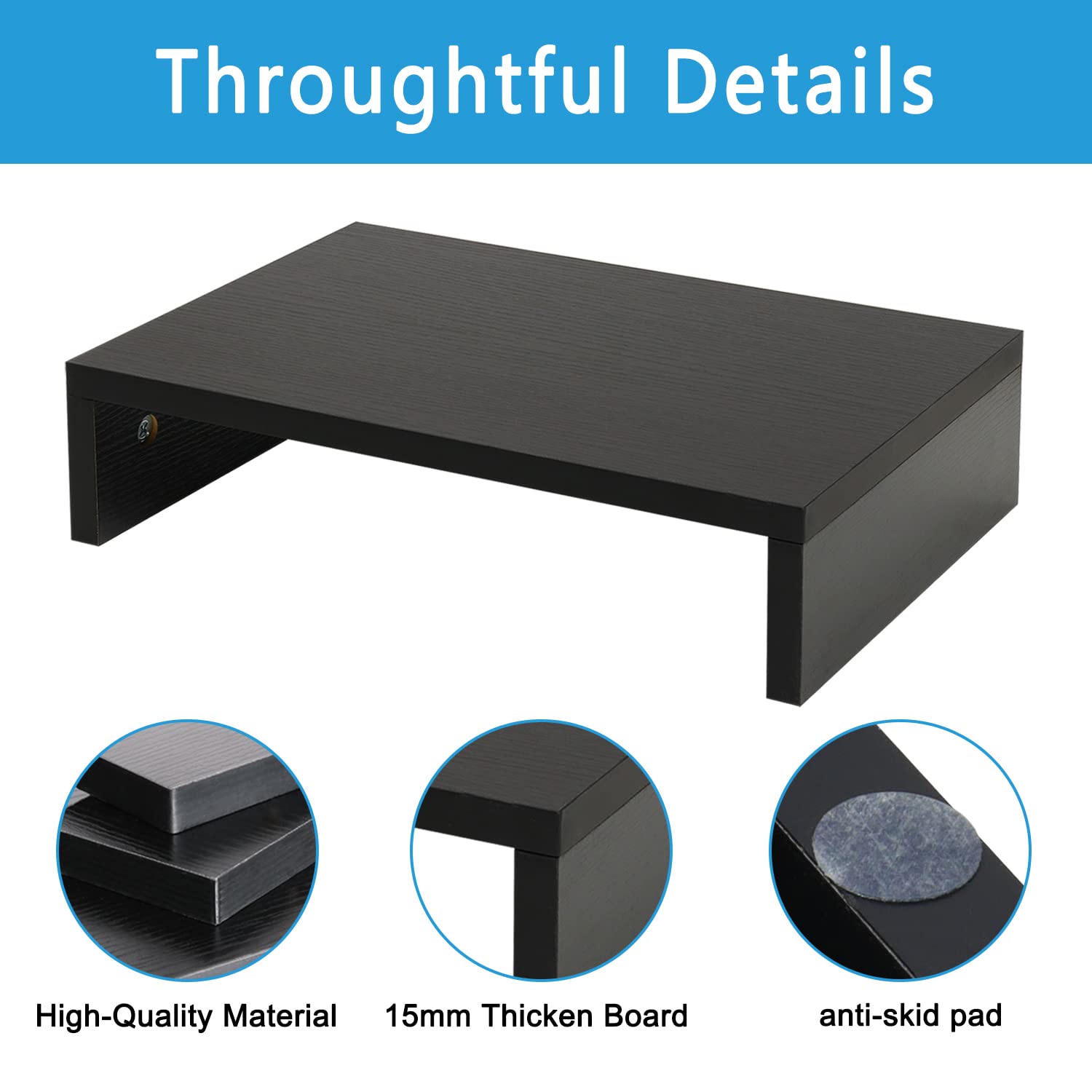 TEAMIX Black Monitor Stand Riser, Wood Desk Organizer for Laptop & Computer