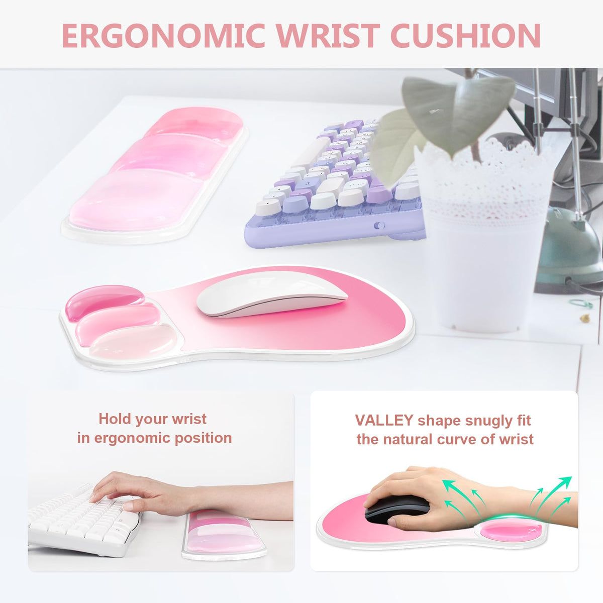 AKIT Ergonomic Mouse Pad and Keyboard Wrist Rest Set,Gel Mousepad,Rose Pink