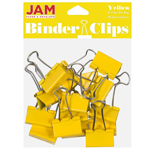 JAM PAPER Colorful Binder Clips - Medium - 1 1/4 Inch (32 mm) - Yellow Binderclips - 15/Pack