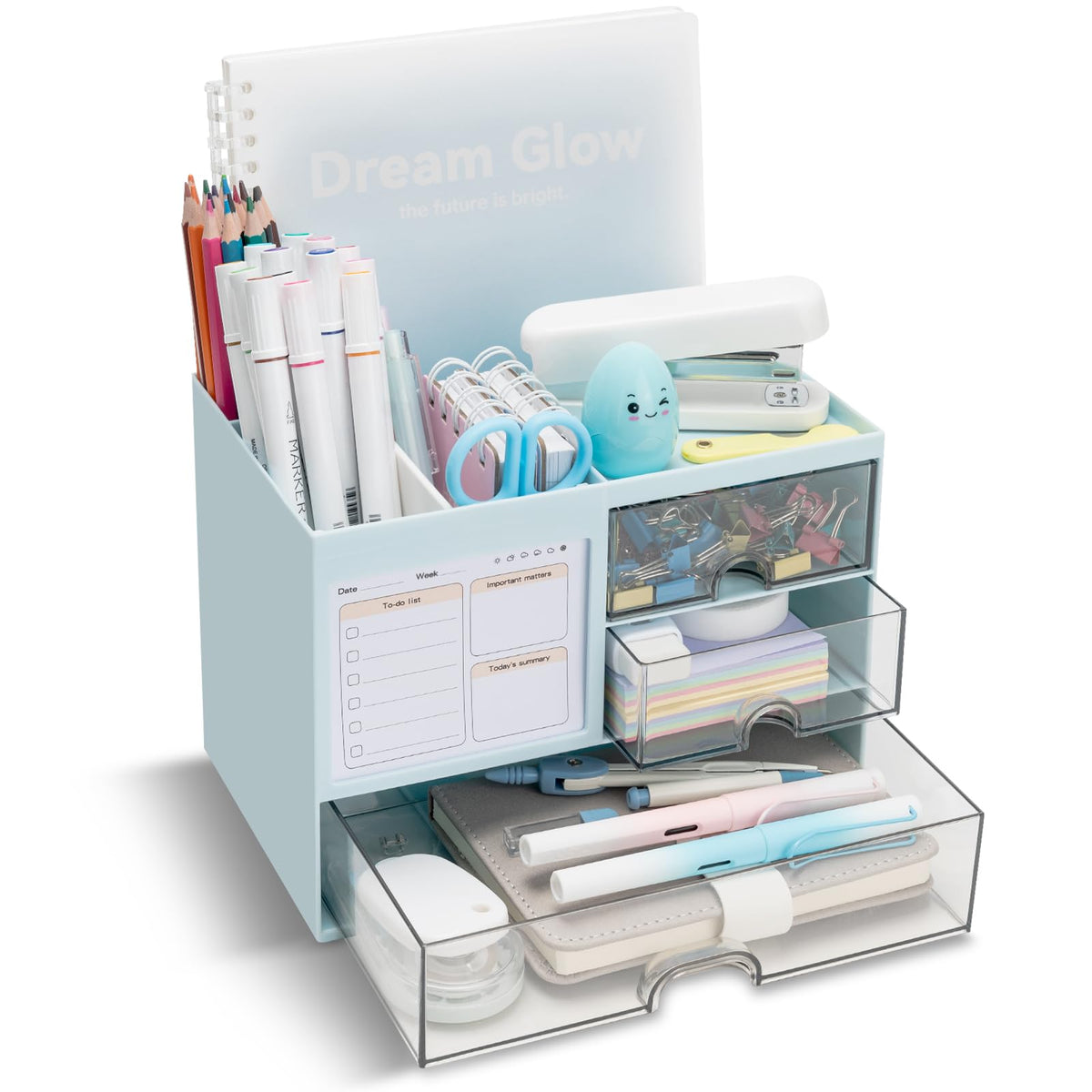 QIYVLOS Desk Organizer with 3 Drawer, Multi-Functional Pencil Pen Holder for Desk, Desk Organizers
