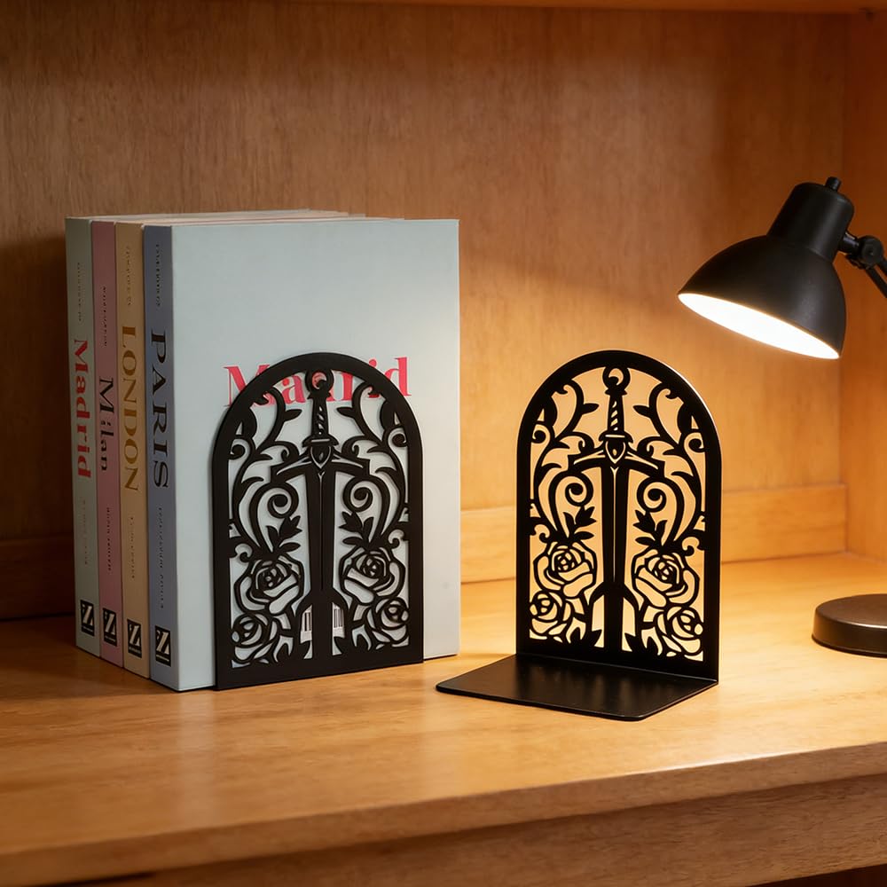 3Pairs Gothic Book Ends, Heavy Duty Metal Bookends for Shelves