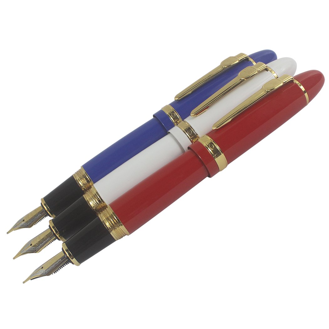 zoohot Jinhao 159 Fountain Pens Heavy Big Pen Gold Trim 3 Pieces in 3 Colors (Red, White, Blue)