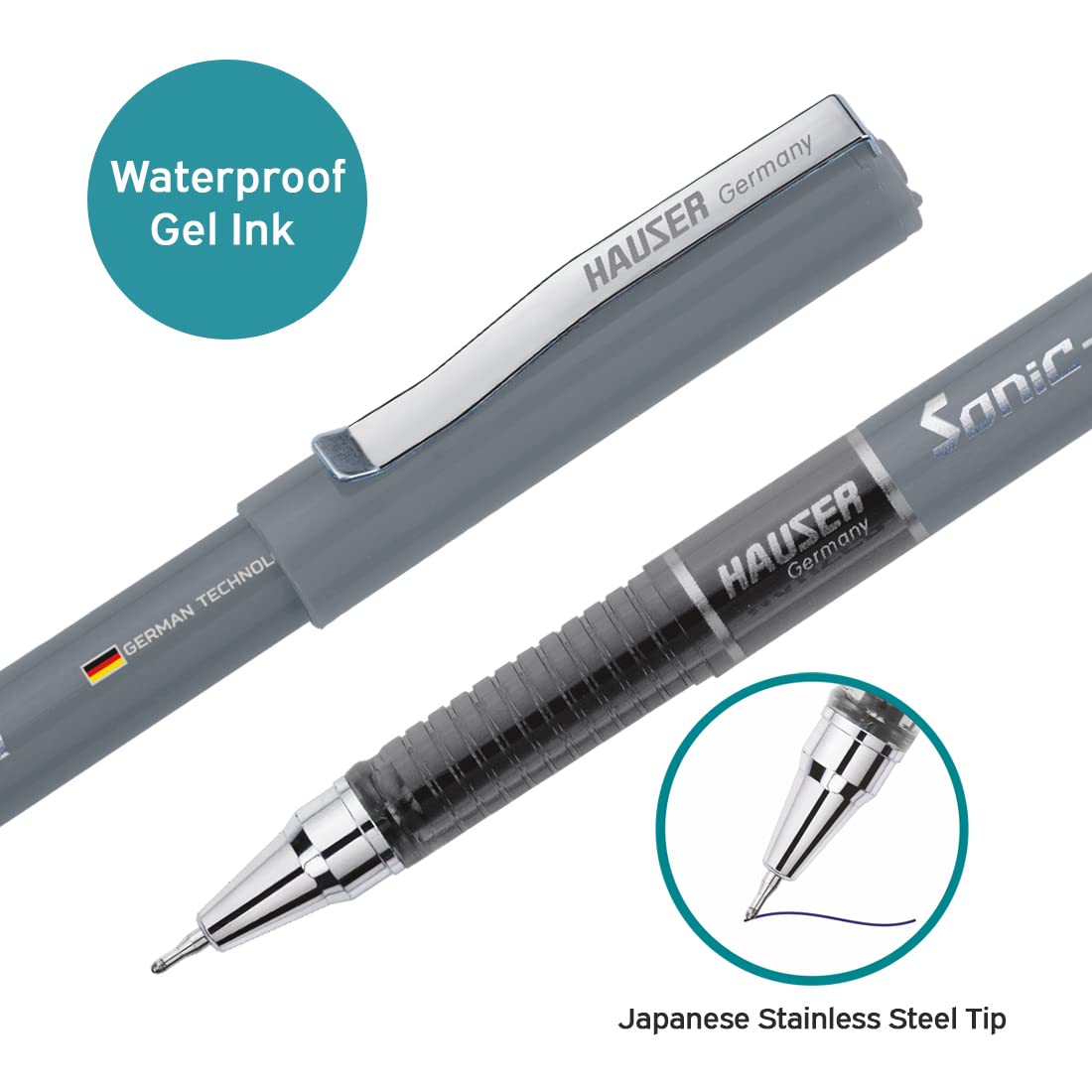 Hauser Sonic 0.55mm Gel Pen Box | Attractive Foiled Body | Stylish Metal Clip | Refillable &