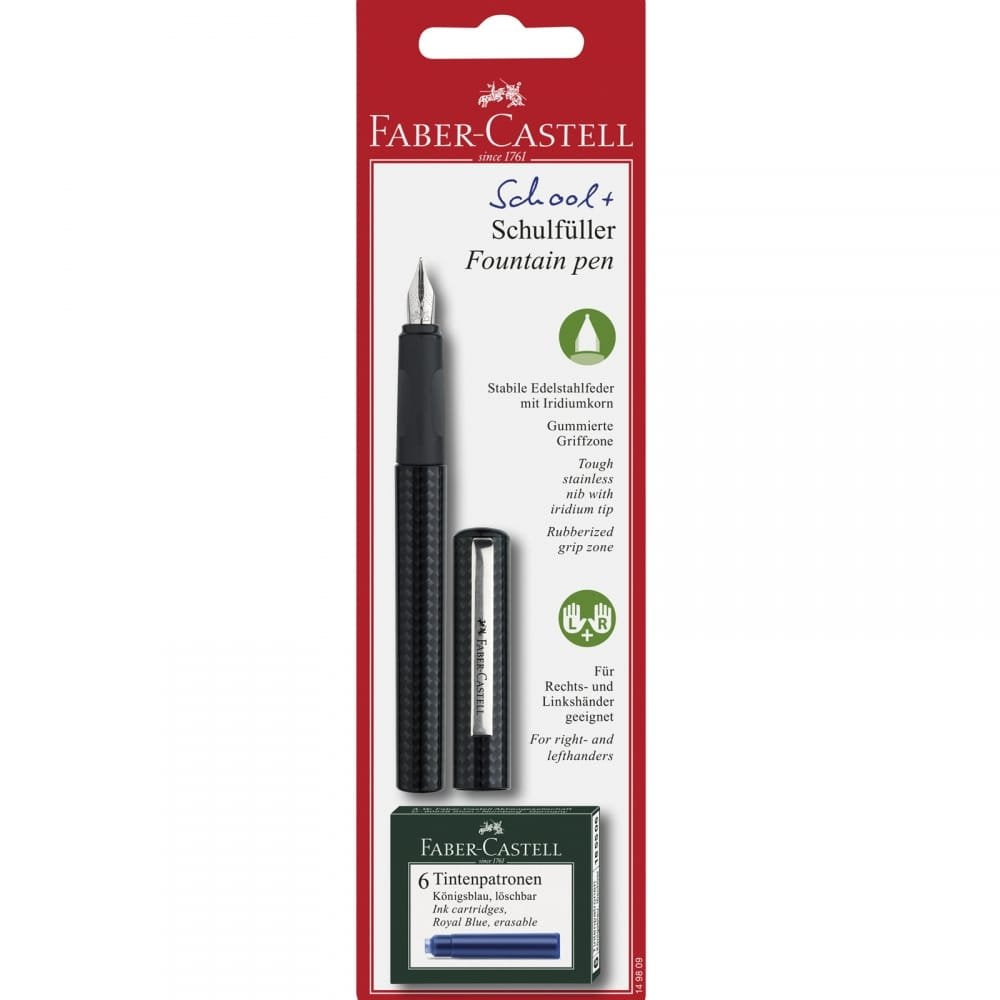 Faber-Castell Fountain Pen Carbon Design Medium Nib + 6 Blue Ink Cartridges, SCHOOL+, 149809