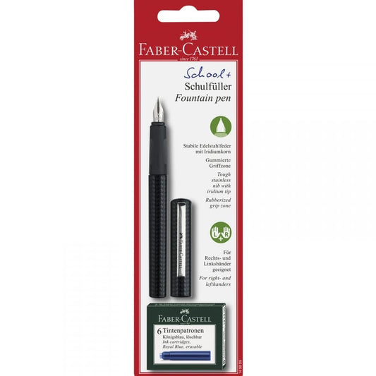 Faber-Castell Fountain Pen Carbon Design Medium Nib + 6 Blue Ink Cartridges, SCHOOL+, 149809