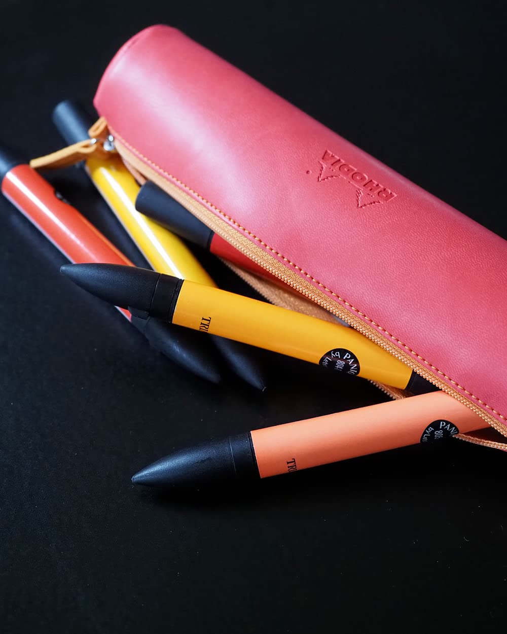 Rhodia 318992C - Raspberry Rhodiarama Round Pencil Case - 21.5 x 5.5 cm - Genuine Orange Stitching
