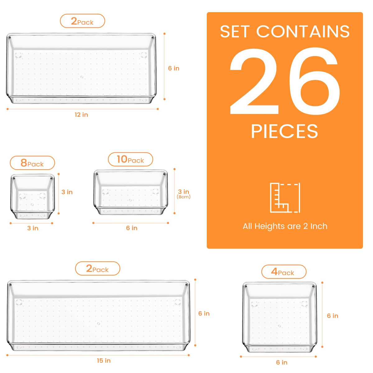 Criusia Drawer Organizer, 26 Pack Clear Plastic Drawer Organizer Bins, Versatile Organization and