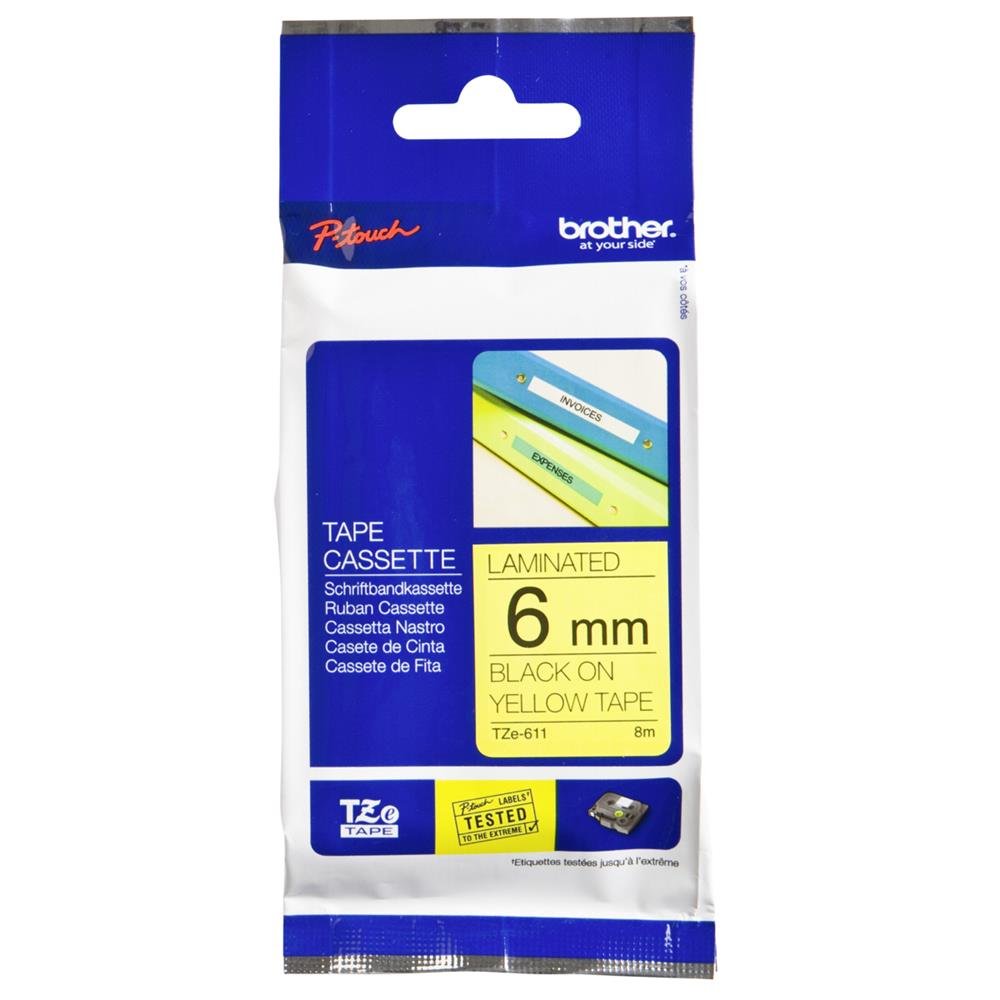 Brother TZe-611 Labelling Tape Cassette, Black on Yellow, 6 mm (W) x 8 m (L), Laminated, Brother