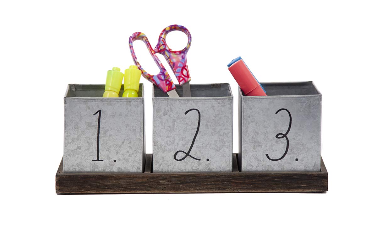 Rae Dunn Decorative Pencil Cup – Galvanized Steel Desktop Stationary Holder - 3 Compartment