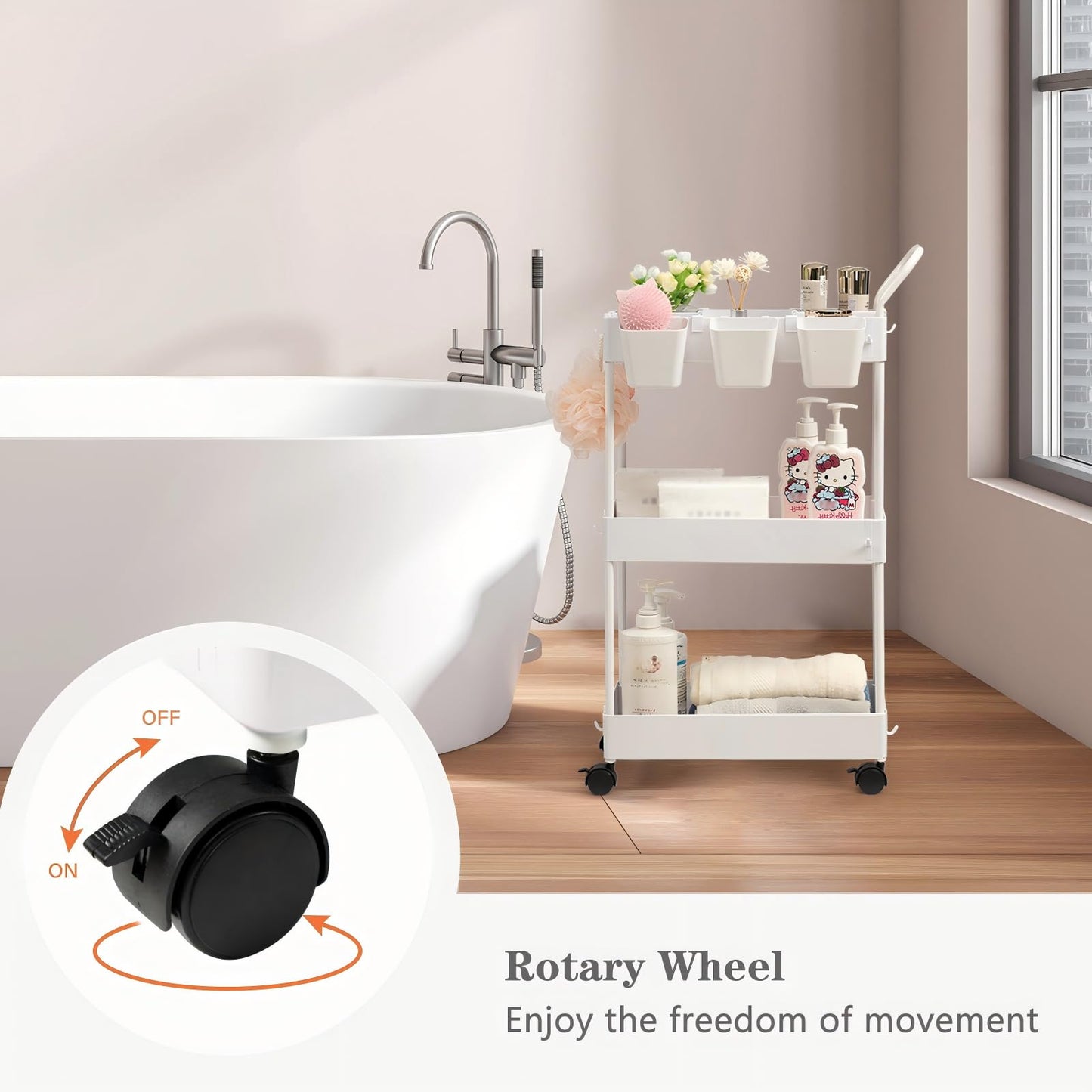 danpinera Storage Cart on Wheels, 3 Tier Slim Laundry with Wheels Bathroom Organizer with Hanging