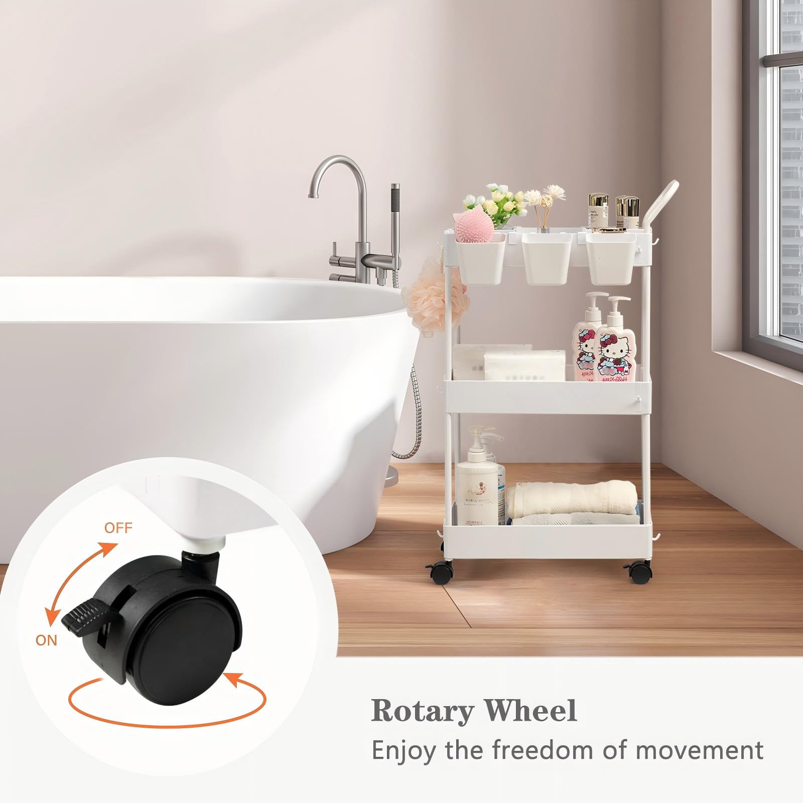 danpinera Storage Cart on Wheels, 3 Tier Slim Laundry with Wheels Bathroom Organizer with Hanging
