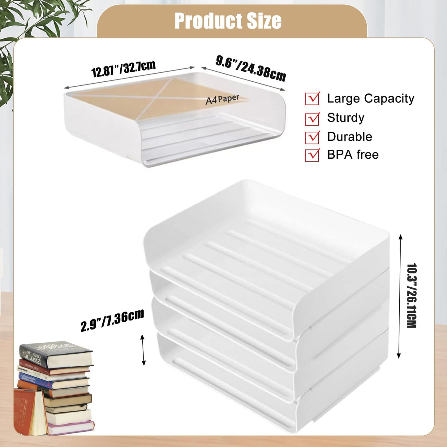 4 Tier Desk Organizer, Stackable Paper Tray Organizer for Document, Letter, A4 File Paper, Desk