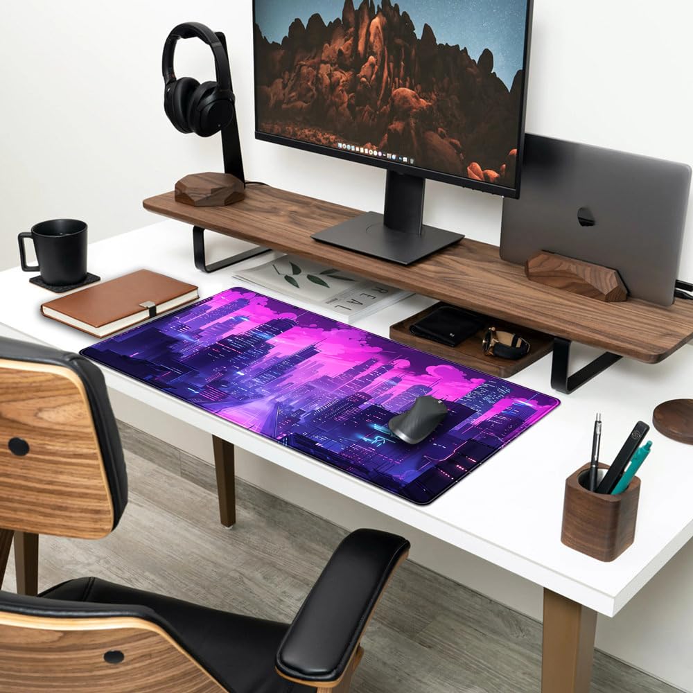 Cyberpunk Neon Purple City Gaming Desk Mouse Pad XL Pink Extended Mouse Pad Gaming, Keyboard Pc