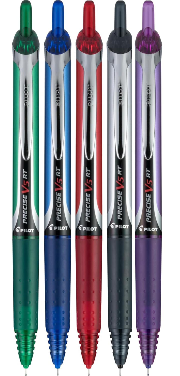 Precise V5 RT Retractable Rollerball Pens, 0.5mm, Multiple Colors, 5-Pack