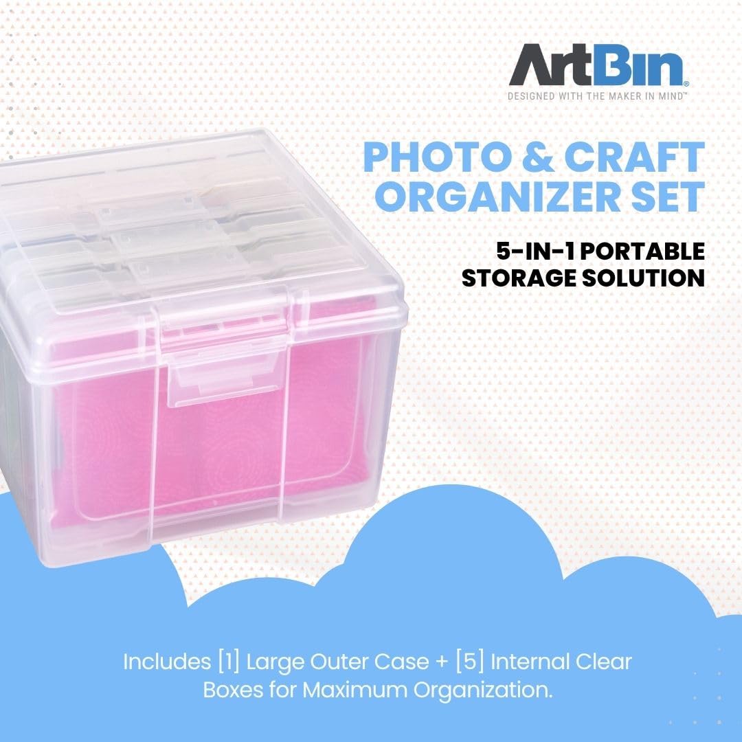 ArtBin 6947ZZ Photo & Craft Organizer Set, Large Box with [5] Plastic Storage Cases Inside, Clear