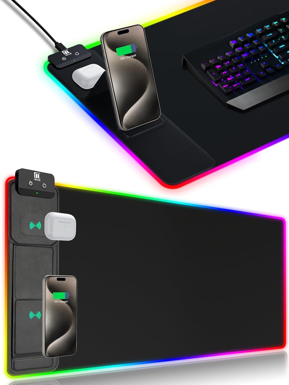 XXL Mouse Pad with Phone Holder - Black, RGB Desk Mat with 15W Fast Charging, LED Gaming Mousepad