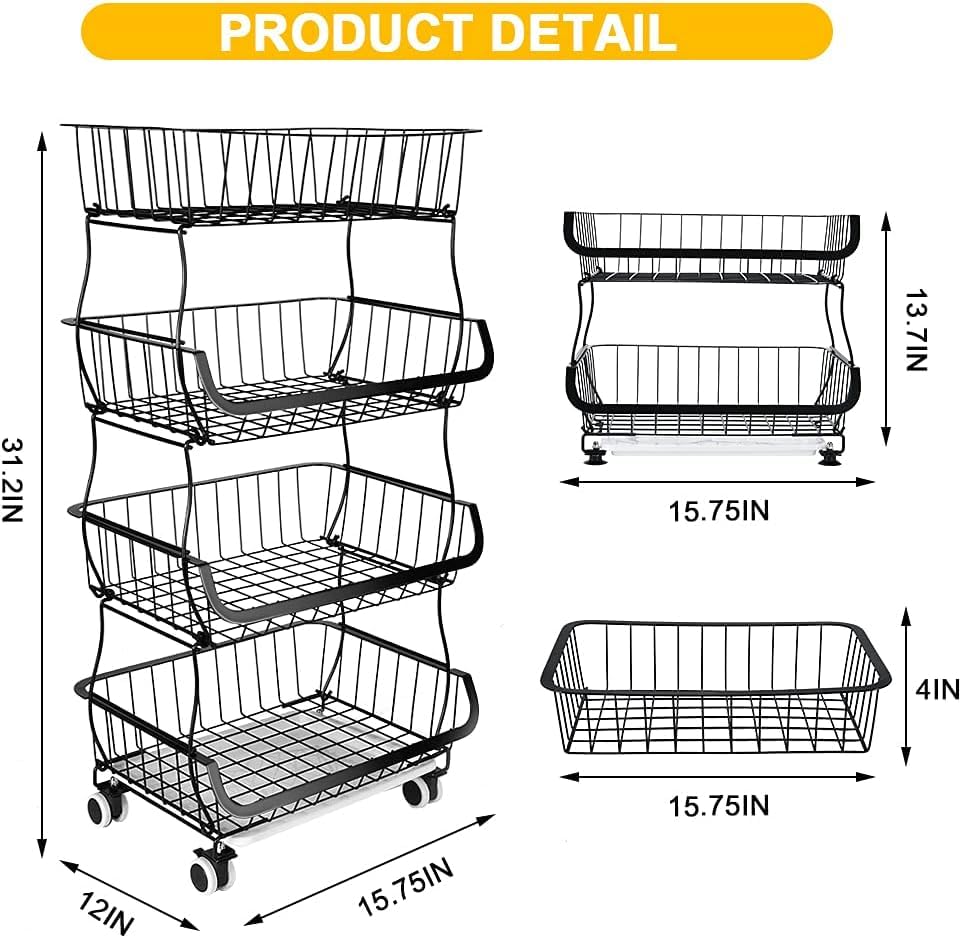 Miyawell Fruit Vegetable Storage Basket, 4 Tier Stackable Metal Wire Storage Baskets with Wheels