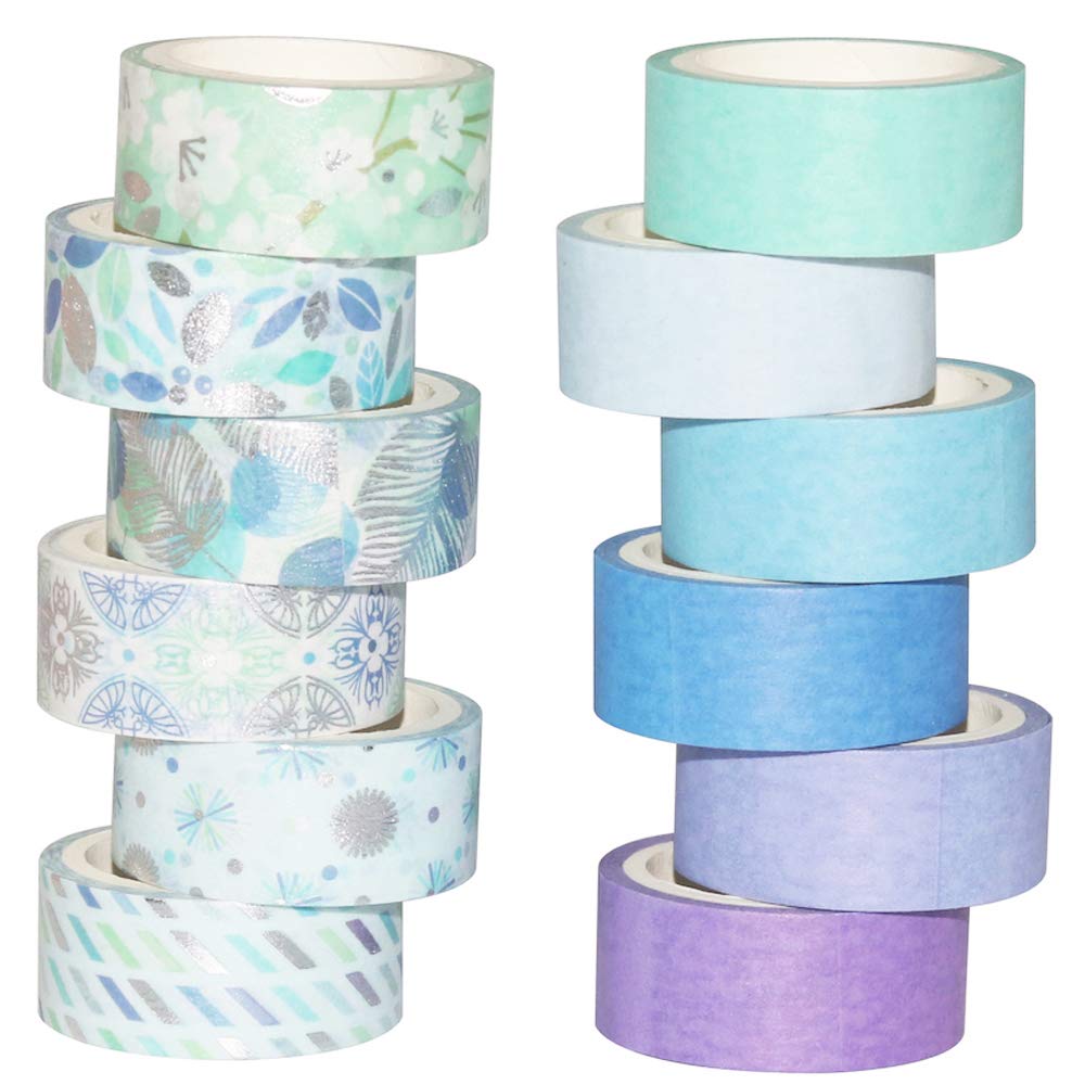 YUBBAEX 12 Rolls Blue Silver Washi Tape Set Masking Decorative Tapes (Blue Mix)