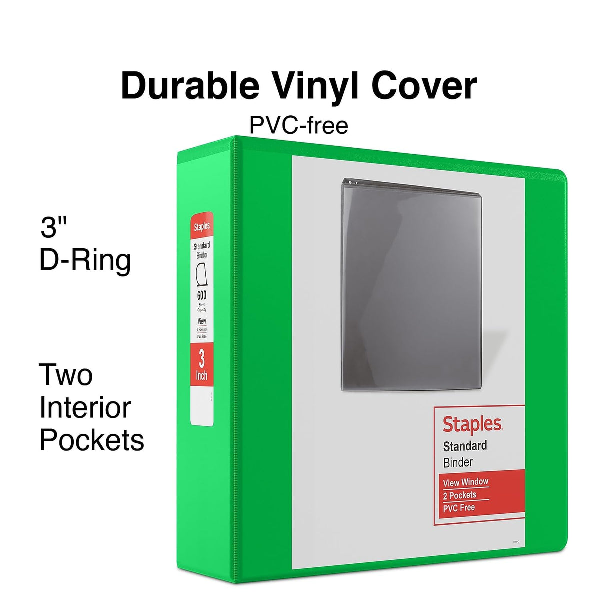 Staples Standard 3-Inch D-Ring Non-View Binder, Green, 600 Sheets