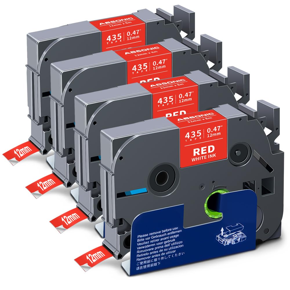 4-Pack Compatible for Brother Tze-435 Tz 12mm 0.47" White on Red Label Tape