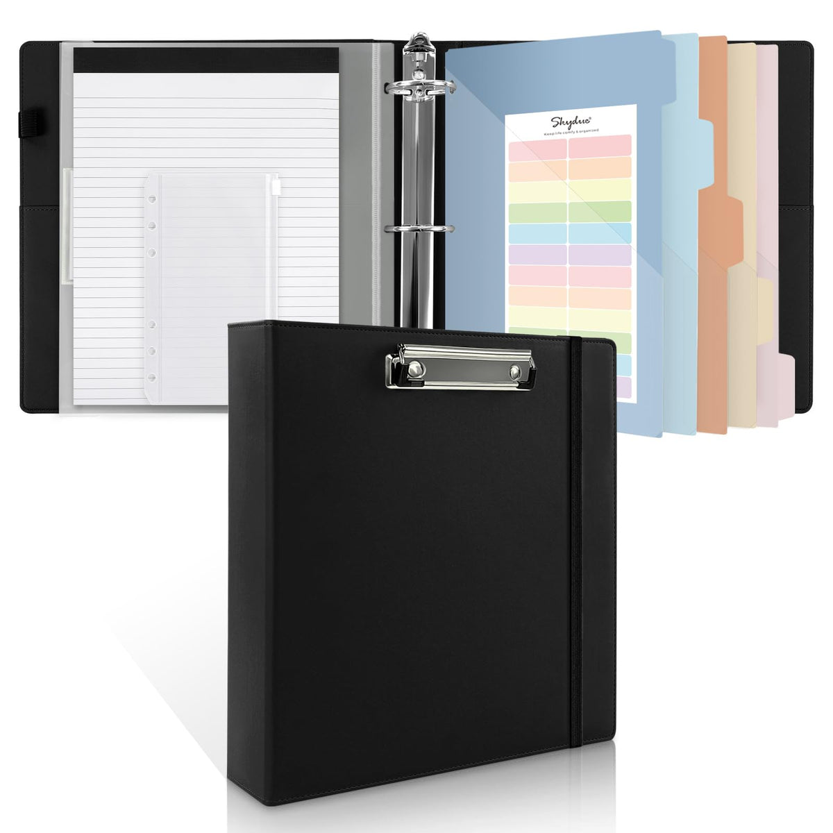 SKYDUE 3 Ring Binder with Clipboard, 2 Inch PU Heavy Duty Binder with Notepad & 5 Dividers with 5