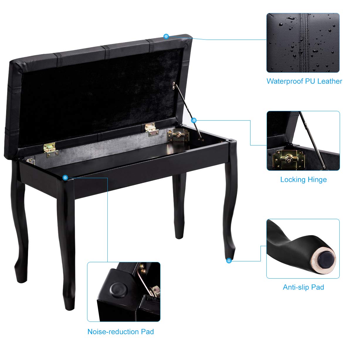GOFLAME Piano Bench Stool with Padded Cushion and Music Storage, Heavy Duty Piano Duet Seat with PU