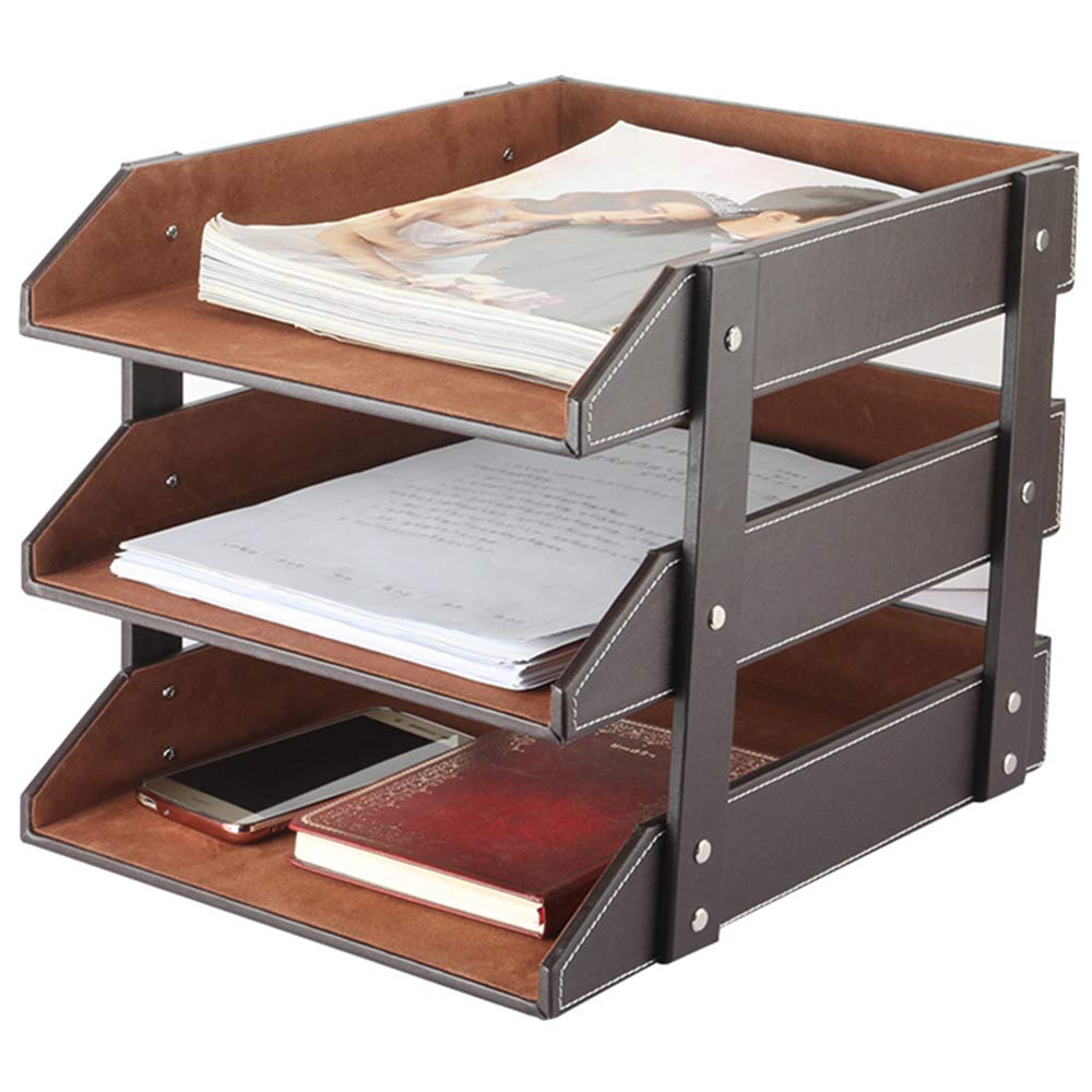 Very Sturdy 3 Tier Leather Desk File Rack for Office Supplies/Stationery/Folder,Stackable Letter