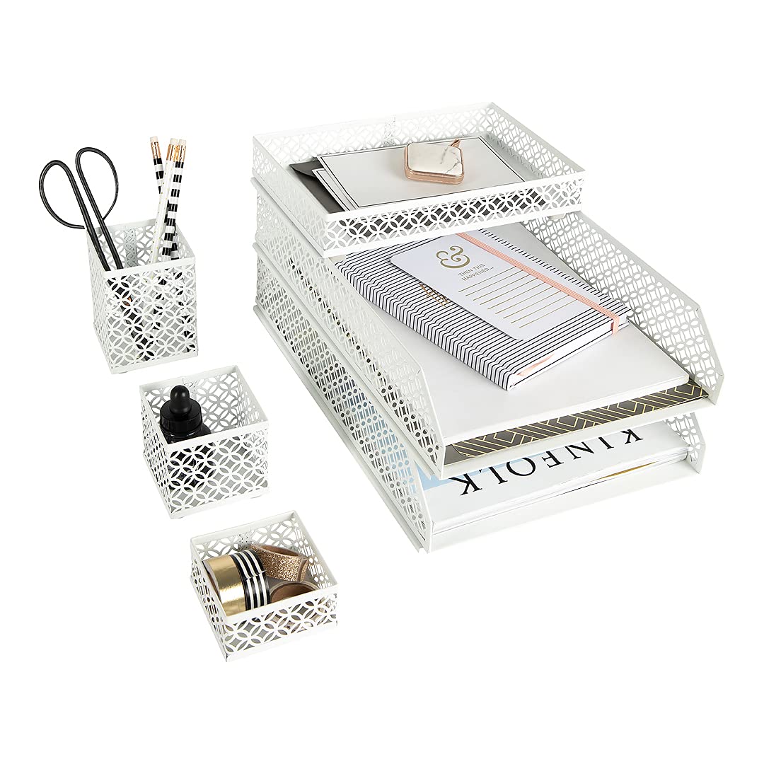 BLU MONACO | White Desk Organizer Set | 6 Piece Metal Desk Organizer with Pen Cup, Accessory Trays