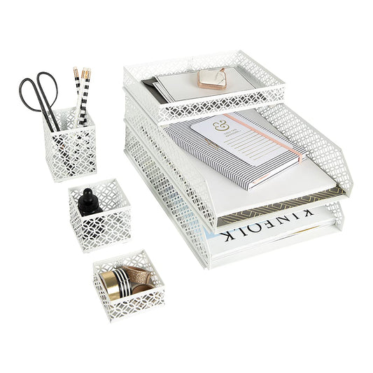 BLU MONACO | White Desk Organizer Set | 6 Piece Metal Desk Organizer with Pen Cup, Accessory Trays