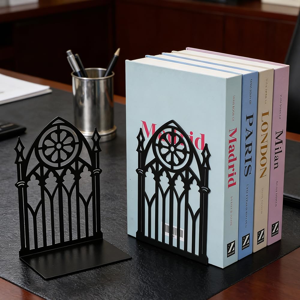 3Pairs Gothic Book Ends, Heavy Duty Metal Bookends for Shelves