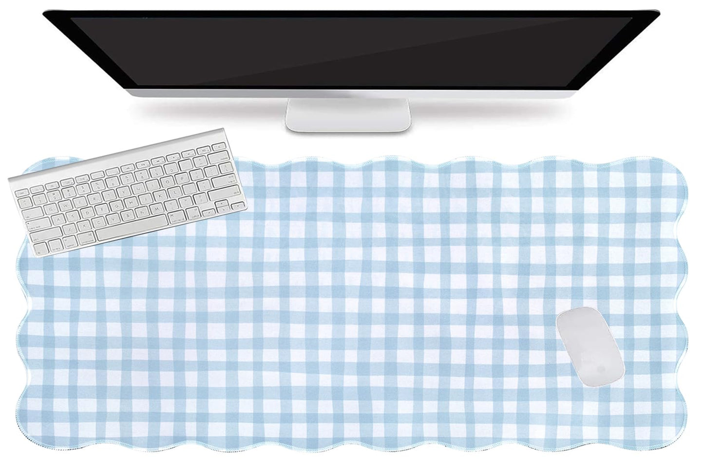 L-SPOUTTO Blue Checkered Mouse Pad,Cottagecore Scalloped Desk Mat XXL Large Cute Pastel Gaming