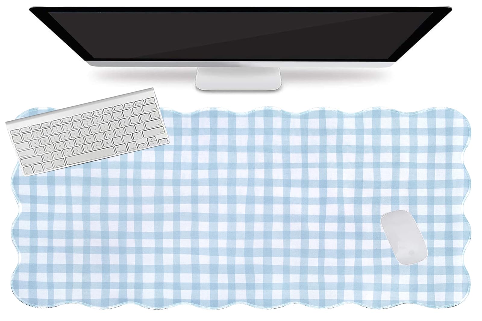 L-SPOUTTO Blue Checkered Mouse Pad,Cottagecore Scalloped Desk Mat XXL Large Cute Pastel Gaming